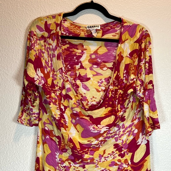 Vintage Canari Cowl Neck Maxi Dress | XL Stretch Floral Boho Lightweight Rayon - Picture 3 of 7